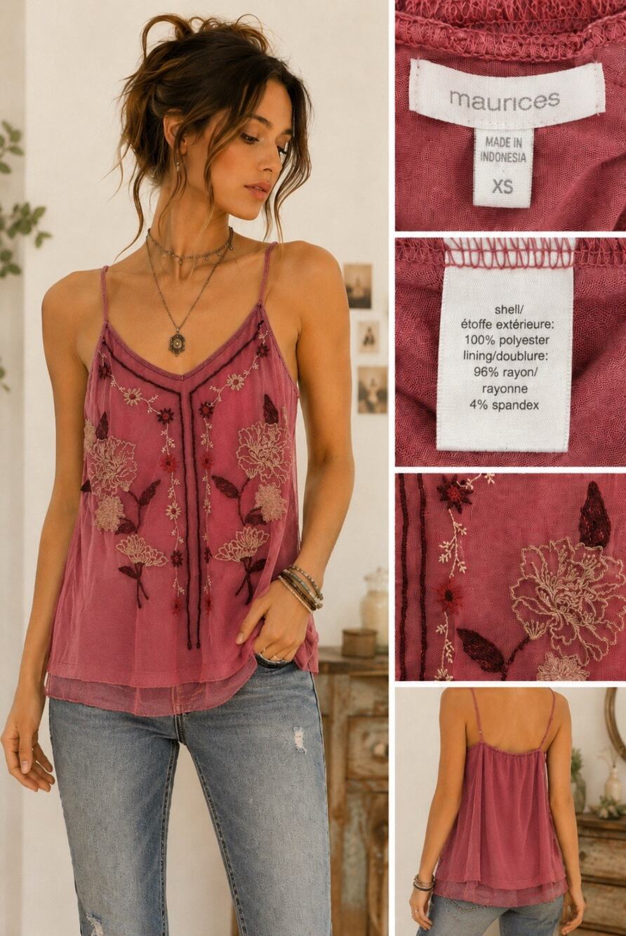 NWT Y2K Whimsical Boho Maurices Embroidered Cami Tank Size XS Mauve Pink Floral